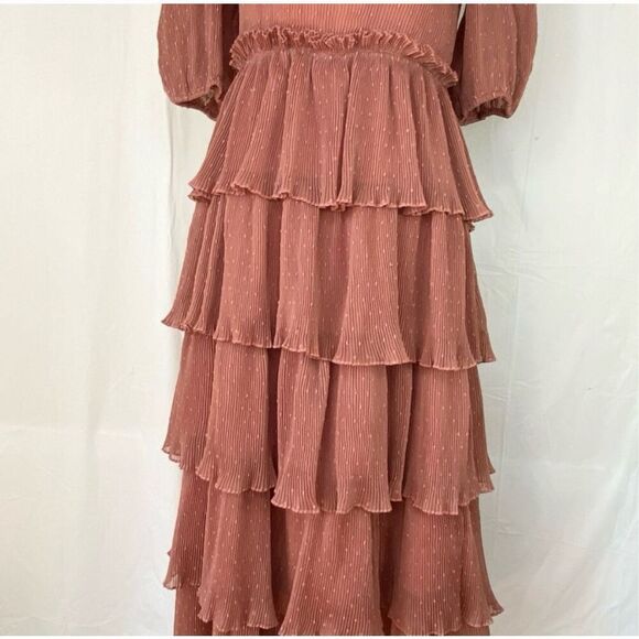 English Factory Size L Tiered Ruffled Midi Dress Mauve Brown Swiss Dot Flouncy - Picture 10 of 16